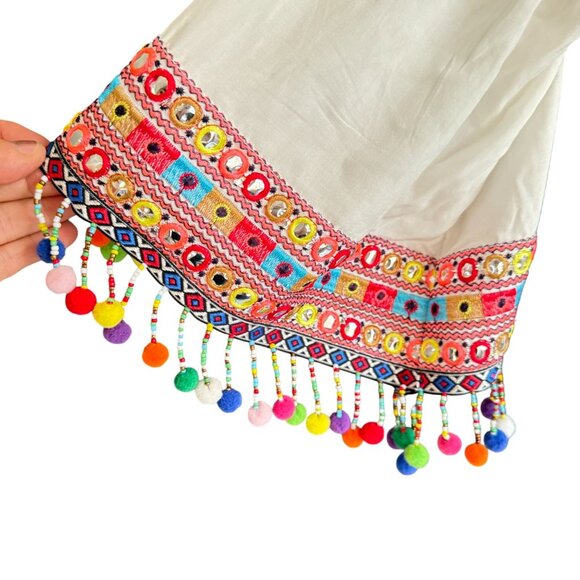 Stellah Anthropologie Off-Shoulder Pom Pom Beaded Embroidered Mini Dress Small - Picture 3 of 10